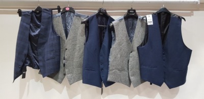 5 X BRAND NEW MIXED WAISTCOAT LOT TO INCLUDE 1 X KENNETH COLE NAVY BLUE - NO SIZE 1 X HUGO BOSS CHECKERED NAVY BLUE - NO SIZE 1 X HUGO BOSS NAVY BLUE - SLIM FIT - NO SIZE 1 X TED BAKER LIGHT GREY - NO SIZE 1 X TED BAKER GREY AND BLUE - SIZE 42