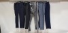 5 X BRAND NEW MIXED SUIT TROUSERS LOT TO INCLUDE 1 X SKOPES NAVY BLUE - NO SIZE 1 X HUGO BOSS BLACK - SIZE 58 1 X UNBRANDED BLUE WITH BLACK STIPE - NO SIZE 1 X TURNER AND SANDERSONS BLACK - REG 40 1 X UNBRANDED CHEQUERED BROWN - NO SIZE