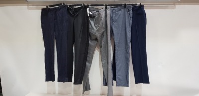 5 X BRAND NEW MIXED SUIT TROUSERS LOT TO INCLUDE 1 X SKOPES NAVY BLUE - NO SIZE 1 X HUGO BOSS BLACK - SIZE 58 1 X UNBRANDED BLUE WITH BLACK STIPE - NO SIZE 1 X TURNER AND SANDERSONS BLACK - REG 40 1 X UNBRANDED CHEQUERED BROWN - NO SIZE