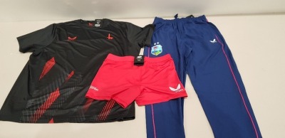 21 X BRAND NEW SPORTSWEAR LOT TO INCLDUE MAVERICKS TRAINING SHORTS IN RED / CHARLTON ATHELIC MENS PLAYER MATCH DAY TEES IN NAVY / CASTORES TRAINING PANTS IN NAVY BLUE - ALL IN MIXED SIZES TO INCLUDE XL / SIZE 14