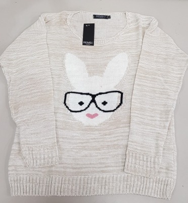 50 X BRAND NEW REMEL LONDON KNITTED SWEATER - WITH RABBIT PRINT ALL IN CREAM COLOUR - ALL IN SIZE S/M