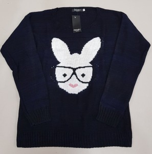 50 X BRAND NEW REMEL LONDON KNITTED SWEATER - WITH RABBIT PRINT ALL IN BLACK COLOUR - ALL IN SIZE S/M