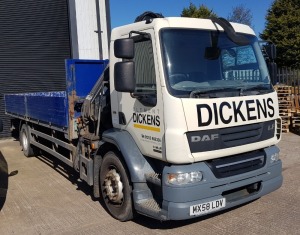 BLUE DAF TRUCKS LF (DIESEL), REG NO: MX58 LDV, ENGINE SIZE: 6692CC, 1ST REGISTERED: 01/12/2008, WITH V5, 1 KEY, MILEAGE: 164,698, MOT UNTIL 30/06/2023, CRUISE CONTROL, FITTED WITH HIAB XS HI DUO 111 CRANE, CRANE HAS REMOTE CONTROL + IN CAB CHARGER