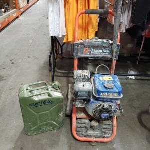 1 X POSITION ONE POWER EQUIPMENT (P3500 PWA) PRESSURE WASHER -( PLEASE NOTE HOSES ARE MISSING ) - INCLUDES 20 L METAL PETROL CAN ( PLEASE NOTE THIS IS NOT BEEN TESTED )