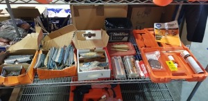 FULL SHELF TO INCLUDE VARIOUS SIZES NAILS TO FIT PASLODE NAIL GUNS - 1 X PASLODE IM 65 F16 / IM65 A F16 / IM50 F18 MAINTAINANCE KIT CASE , NAILER FUEL CELLS ETC