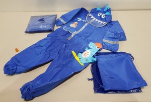 20 X BRAND NEW BWIV KIDS DINOSAUR PRINT HOODED RAINWEAR BODYSUIT - WITH REFLECTIVE STRIPS AND CARRY POUCH - ALL IN BLUE AND ALL IN SIZE S