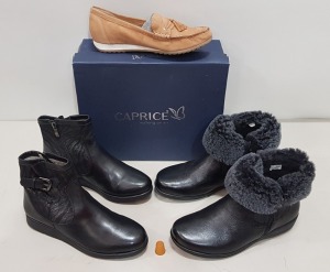 5 X BRAND NEW CAPRICE SHOE/BOOT LOT CONTAINING 2 X CAPRICE NAPPA LEATHER ANKLE BOOTS IN BLACK SIZE 4 -RRP-£89.99- 1 X CAPRICE BLACK ZEBRA ANKLE BOOTS SIZE 4 - RRP£ 79.99- 2 X CAPRICE LEATHER MOCCASIN SHOES IN TAN SUEDE SIZE 4 - RRP£49.95