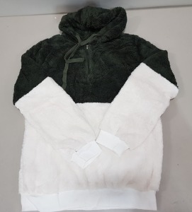 40 X BRAND NEW BWIV WOMANS BAGGY FLUFFY QUARTER ZIP FLEECES IE. 20 ALL IN PURE WHITE AND GREEN - ALL IN SIZE UK M- & 20 ALL IN CREAM AND GREEN - ALL IN SIZE UK M - IN 2 BOXES