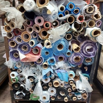 APPROX 150 PART ROLLS OF FABRICS IN ASSORTED COLOURS & DESIGNS (IN A FULL STILLAGE NOT INCLUDED)