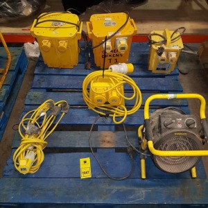 6 PIECE MIXED TOOL LOT CONTAINING 2 X 230 VOLT PORTABLE TRANSFORMER / 1 X 110V TRANSFORMER / 1 X STANLEY SPACE HEATER / 1 X 2 WAY EXTENSION OUTLET AND 1 X LIGHT EXTENSIONS ( NO BULBS ) ( PLEASE NOTE THIS IS NOT TESTED)