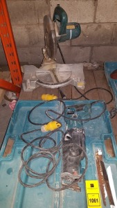 2 PIECE MIXED TOOL LOT CONTAINING 1 X MAKITA RESIPRICATING SAW ( GR3060T ) 110V INCLUDES VARIOUS BLADES AND 1 X MAKITA CHOP SAW WITH BASE ( LC140 ) ( - PLEASE NOTE THIS HAS BEEN TESTED - WORKING )