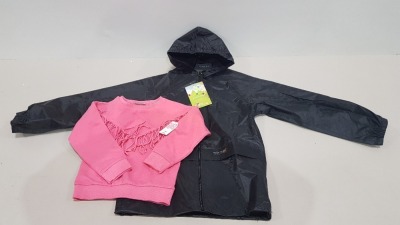 40 PCS OF BRAND NEW CHILDRENS CLOTHING IE. 33 X I LOVE GIRLSWEAR KIDS PINK FRILL TOPS - SIZE 6 YEARS - RRP £8.50 PP PLUS 10 X REGATTA GREAT OUTDOORS STORMBREAK KIDS JACKETS (11-12 YRS) IN 2 TRAYS (NOT INC.)