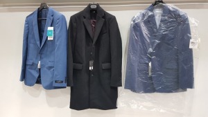 9 ITEMS OF BRAND NEW GENTS CLOTHING IE. 6 X TOP MAN BLACK WOOLBLEND XXS COATS, 2 X BLUE BURTONS BLAZERS 36R, 44R, 1 X BURTONS BLACK 3/4 LENGTH TRENCHCOAT XXL 50-52 INCH.