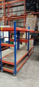 2 PIECE HEAVY DUTY SHELVING RACKS TO INCLUDE 2 X ( 62 CM WIDTH - 178 CM HEIGHT - 153 . 5 CM LENGTH ) ALL TO INCLUDE HEAVY DUTY LOCKABLE DOUBLE WHEELS - FOR EASILY MOVABILITY