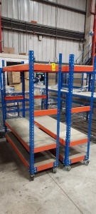 2 PIECE HEAVY DUTY SHELVING RACKS TO INCLUDE 2 X ( 47 CM WIDTH - 178 CM HEIGHT - 153 . 5 CM LENGTH ) - PLEASE NOTE 1 X HAS SOME DAMAGE ALL TO INCLUDE HEAVY DUTY LOCKABLE DOUBLE WHEELS - FOR EASILY MOVABILITY