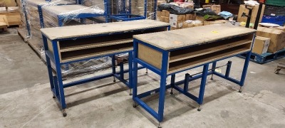 2 X HEAVY DUTY WORK BENCH WITH UNDER SHELVING -( ADJUSTABLE HEIGHTS ON LEGS ) - 55 CM WIDTH - 160 CM LENGTH - 82 CM HEIGHT - ADJUSTABLE - BY 10 CM