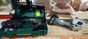 1 X COMPLETE SET BOSCH 18 V COMBI DRILL - TO INCLUDE 2 BATTERYS 1.5Ah AND CHARGER - WITH CARRY CASE ( NEVER BEEN USED ) ALSO TO INCLUDE 1 X FERREX ANGLE GRINDER WITH BATTERY ( NO DISC OR CHARGER )