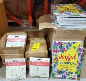 148 X BRAND NEW JOYFULL COLOURING BOOKS IN 3 BOXES AND 96 PACKS OF 12 HEN PARTY ESSENTIALS - TEAM BRIDE BALLOONS - IN WHITE - IN 4 BOXES