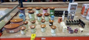 53 PIECE BRAND NEW MIXED CANDLE LOT CONTAINING WOODWICK LARGE SCENTED CANDLES IN VARIOUS SCENTS AND SIZES TO INCLUDE ROSE /PALM LEAF/ FIG LEAF / LAVENDER SPA (610G ) (453.6G) ( 85 G) , WOODWICK CANDLE SNUFFER , HEART & HOME CERULEAN SKY SCENT , VARIOUS 