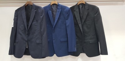 6 X BRAND NEW MIXED DESIGNER BLAZER LOT IE. ARMANI COLLECTION DARK NAVY - NO SIZE SKOPES NAVY BLUE SIZE - 38 R CALVIN KLEIN BLACK - SIZE M TIGER OF SWEDEN NAVY BLUE - SIZE 52 CALVIN KLEIN FITTED NAVY BLUE - SIZE 46 RACING GREEN NAVY BLUE - SIZE 40