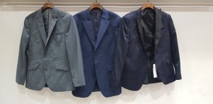 6 X BRAND NEW MIXED DESIGNER BLAZER LOT IE KENNETH COLE GREY - SIZE 40 S HOWICK NAVY BLUE - SIZE 40 REG LIMEHAUS FLORAL PRINT NAVY BLUE- SIZE 40. ALEXANDRE CHEQUERED WHITE / BROWN - SIZE 38 CALVIN KLEIN GREY - SIZE 52 HUGO BOSS BLACK- PART FINISHED