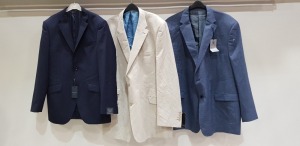 6 X BRAND NEW MIXED DESIGNER BLAZER LOT IE SKOPES LIGHT NAVY - NO SIZE HUGO JAMES CREAM - SIZE 54L HOWICK NAVY BLUE - SIZE CHEST 38 CALVIN KLEIN BLACK - NO SIZE KINGS CHARCOAL GREY - NO SIZE KINGS CHARCOAL GREY - NO SIZE