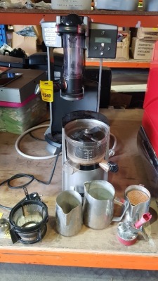 5 PIECE MIXED COFFEE LOT CONTAINING TRIFECTA COFFEE MACHINE / OMEGA COFFEE GRINDER ( LID IS MISSING ) / VARIOUS MILK JUGS AND STRAINER ETC - ( PLEASE NOTE THIS IS NOT TESTED )