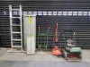 4 PIECE TOOL LOT CONTAINING 1 X QUALCAST CLASSIC PETROL GRASS MOWER 43S ( NOT TESTED ) / 1 X SACK TRUCK / 1 X ALLUMINIUM SCAFFOLD LADDER ( INCOMPLETE ) WITH PLATFORM / 1 X HOP STEPPER LADDER