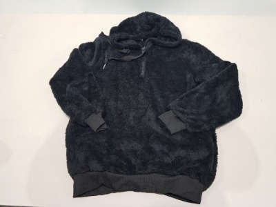 40 X BRAND NEW FLUFFY BLACK 1/4 ZIP HOODED JUMPERS IN SIZES SMALL -