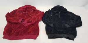 35 X BRAND NEW FLUFFY BLACK AND RED 1/4 ZIP HOODED JUMPERS IN SIZES SMALL AND XL