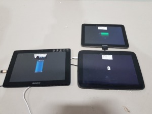 3 PIECE MIXED TABLET LOT CONTAINING 1 X SAMSUNG TABLET 16GB STORAGE WITH CHARGER, 1 X SAMSUNG TABLET 10'' SCREEN 16GB STORAGE WITH CHARGER, 1 X LENOVO A7600-F TABLET 10'' SCREEN 16GB STORAGE WITH CHARGER