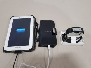 3 PIECE WORKING ELECTRONIC LOT CONTAINING 1 X MICROSOFT SMARTPHONE - INCLUDES CHARGING CABLE - NO POWER BRICK / 1 X SAMSUNG TABLET - INLCUDES CHARGING CABLE - WITH POWER BRICK / 1 X SONY SMART WATCH WITH CHARGING CABLE ONLY