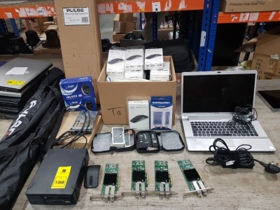 30 + PIECE ELECTRONIC LOT CONTAINING 1 X SONY LAPTOP (NO O/S) WITH CHARGER , DELL BLUETOOTH MOUSE , MULTI FUNCTION CABLE TESTER , HP STORAGE WORKS DAT 160 USB , PULSE 35 MM STAND KIT , SKY GUARD MY SOS PERSONAL SAFETY DEVICE , LOGITECH PC CAMERA , DUAL P