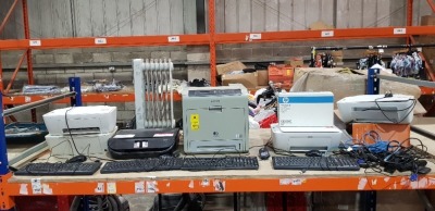 11 PIECE ELECTRONIC LOT CONTAINING HP DESKJET2710E PRINTER / HP ENVY 5020 PRINTER / SAMSUNG COLOUR XPRESSION ( CLP-620ND ) PRINTER / OIL FILLED RADIATOR / HP KEYBOARDS / VARIOUS LEADS AND CABLES- ON A FULL BAY