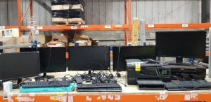 13 PIECE ELECTRONIC LOT CONTAINING 4 X SAMSUNG MONTORS / 1 X ACER MONITOR / HP OFFICEJET 6600 PRINTER / DOAK PRINTER / OIL FILLED RADIATOR / VARIOUS KEYBOARDS / VARIOUS LEADS AND CABLES ETC - ON A FULL BAY