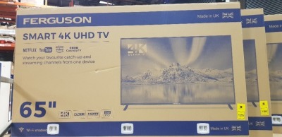 1 X FACTORY REFURBISHED BOXED FERGUSON 65 SMART 4K UHD TV - ( MODEL :F6522RTX4K)