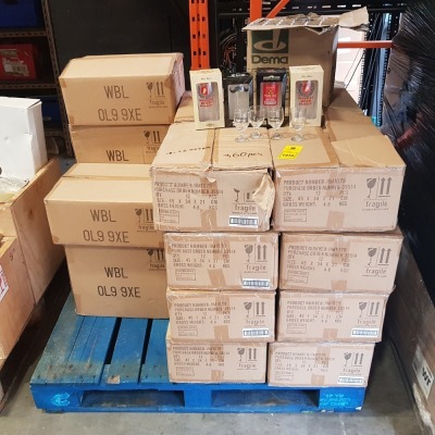 360 X BRAND NEW VARIOUS PINT GLASSES TO INCLUDE CHAMPION BEER DRINKER / MINISTRY OF CHAPS MAN FLU GLASS / MOUSTACHE PINT GLASSES / VARIOUS SHOT GLASSES ETC - ON 1 FULL PALLET