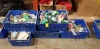 5 TRAYS FULL MIXED LOT CONTAINING FOLDING BED STORAGE COVER / PINK MINI CANDLE BULB / LEAD PAINT / VARIOUS LIGHT BULBS / UNION JACK FLAGS / VACUUM BAGS / SET OF 2 CABINET HANDLES / VARIOUS JUNCTION BOX ETC - TRAYS NOT INCLUDED