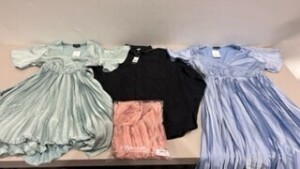 1 X FULL PALLET 200+ MIXED - MAJORITY ITEMS : IN THE STYLE DRESS LOT CONTAINING PETITE CURVE PLEATED MIDI DRESSES IN BLUE - GREEN -NUDE AND PINK IN SIZES 10 - 12 - 18 ETC