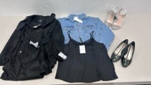 50 X BRAND NEW MIXED CLOTHING LOT CONTAINING - DOROTHY PERKINS BLACK COATS - TOPSHOP DENIM JACKETS - JD WILLIAMS HEELED SHOES - JAQUELINE DE YOUNG BLACK LACE VEST TOPS - DOROTHY PERKINS SHOES ETC IN VARIOUS SIZES