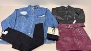 50 X BRAND NEW MIXED CLOTHING LOT CONTAINING - SIMPLY BE DENIM JACKETS - TOPSHOP BLACK DENIM JEANS - SELECTED HOMME DENIM JEANS - TOPSHOP BLACK TOPS ETC IN VARIOUS SIZES