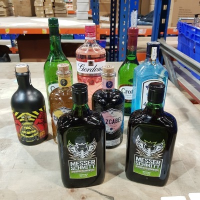 9 X BRAND NEW MIXED ALCOHOL LOT CONTAINING - 2X MESSER SCHMITT SCHNAPPS 70CL - 1X BOMBAY SAPPHIRE GIN 100 CL - 1X 2X CROFT SHERRY 75CL - 1X GORDONS PINK GIN 1LITRE ETC