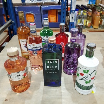 9 X BRAND NEW MIXED ALCOHOL LOT CONTAINING - 3X WHITLEY NEIL GIN 70CL - 2X GORDONS GIN ACLOHOL FREE 70CL - 1X CAPTAIN MORGAN RUM 1 LITRE - 1X HAIG CLUB SCOTCH WHISKEY ETC