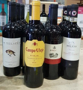 15 X BRAND NEW MIXED WINE LOT CONTAINING CAMPO VIEJO RIOJA - LA VOLIERA PREIMITIVO - ROCCA PRIMITIVO PUGLIA - CASTELLO DI MELETO BORGAIO ALL 750 ML ETC