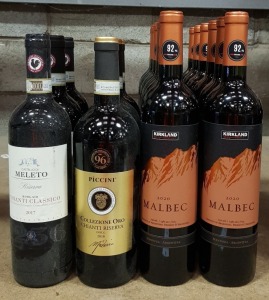 18 X BRAND NEW MIXED WINE LOT CONTAINING - CASTELLO DI MELETO - PICCINI RISERVA - 12 KIRKLAND MALBEC ETC ALL 750ML