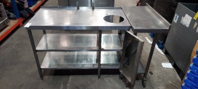 1 X 3 TIER STAINLESS STEEL PREP TABLE WITH BIN HOLE AND 1 DOOR ( 90 CM HEIGHT X 120 CM WIDTH X 60 CM DEPTH ) 1 X SMALL STAINLESS STEEL PREP TABLE ON WHEELS ( 90 CM HEIGHT X 80 CM WITH X 40 CM DEPTH )