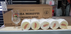 24 X BRAND NEW BOXED BIRRA MORETTI PINT GLASSES AND APPROX 500 BIRRA MORETTI BEER MATS- 14X 4 PINT PLASTIC JUGS