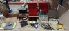 FULL BAY MIXED LOT TO INCLUDE - DEWALT SANDER - MAKITA PLAINER - HALF ROLL OF CABLE - FOOT PUMP - METAL NAIL RIPPERS - FOLDABLE TABLE - SOLAR DECK FLASHING ETC