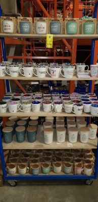 150 + PIECE BRAND NEW MUGS LOT CONTAINING LARGE AMOUNT OF OUTDOOR MUGS ( VARIOUS NAMES ) AND COLOURS , LARGE AMOUNT BRU CUPS IN VARIOUS STYLES AND COLOURS - GOOD TREAT CUPS ( VARIOUS NAMES AND COLOURS ) ETC - ON 5 SHELVES