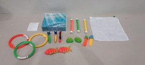 48 X BRAND NEW ANPRO DIVING TOYS EACH SET TO INCLUDE 3 X DIVING RINGS 3 X DIVING TOREDOS BANDOITS 3 X DIVING WANDS 2 X PRIVATE TREASURE 2 X FUNNY FACED OCTOPUSES 2 X DIVING FISH 1 X DRY-QUICK GIFT STORAGE BAG ( IN 3 BOXES )